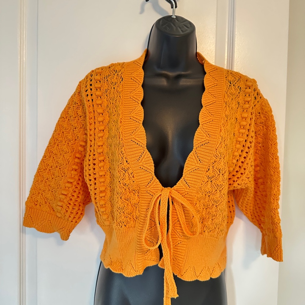 Zara Women's Orange Knit Crochet Tie Front Beach Summer Cotton Sweater